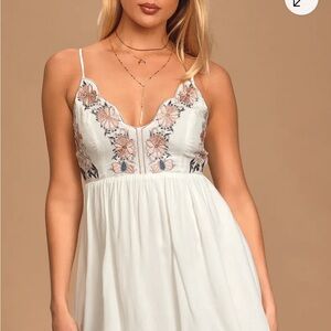 Lulus White and Pink Floral Dress with Embroidery